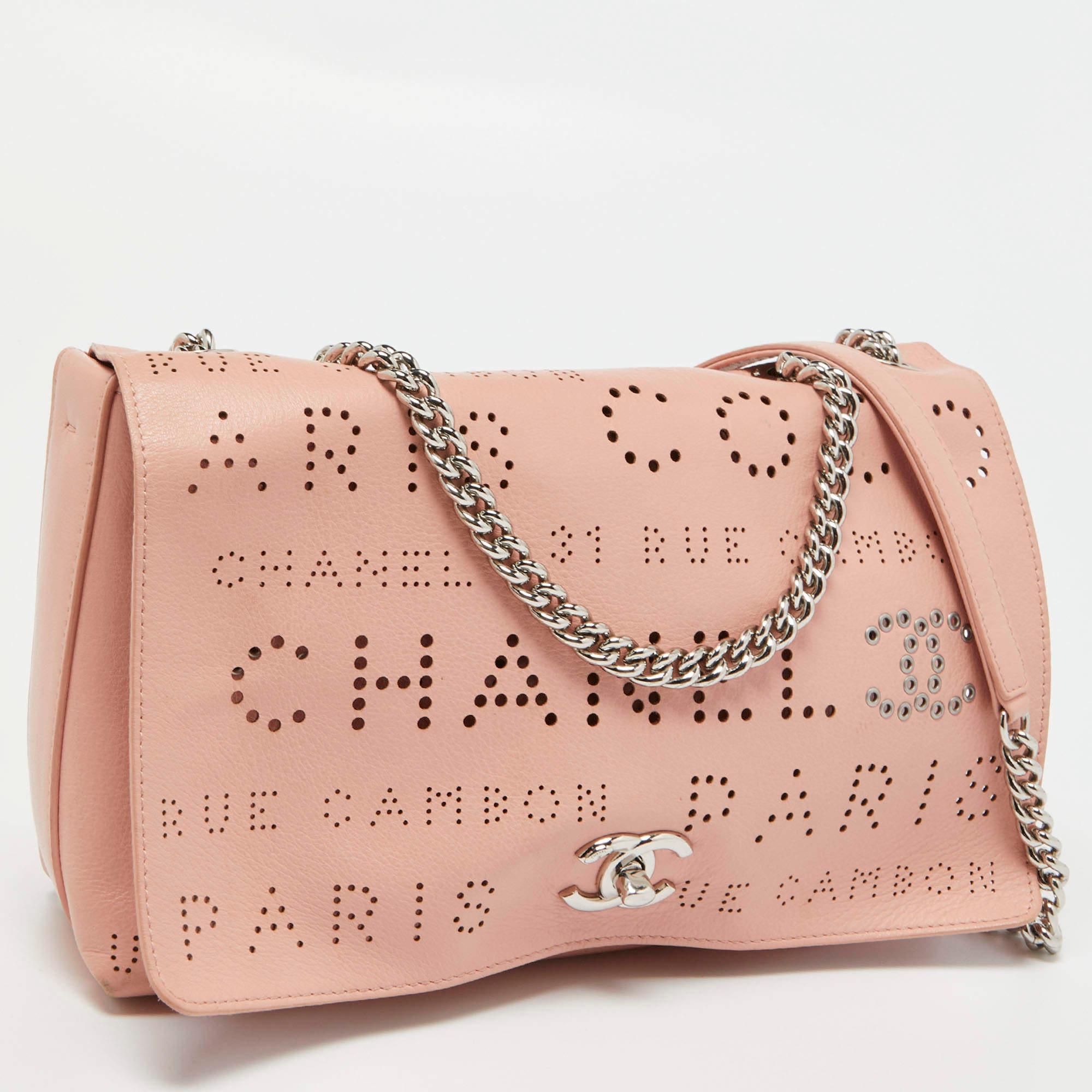 Chanel Light Pink Leather Perforated Logo Flap Bag In Good Condition In Dubai, Al Qouz 2
