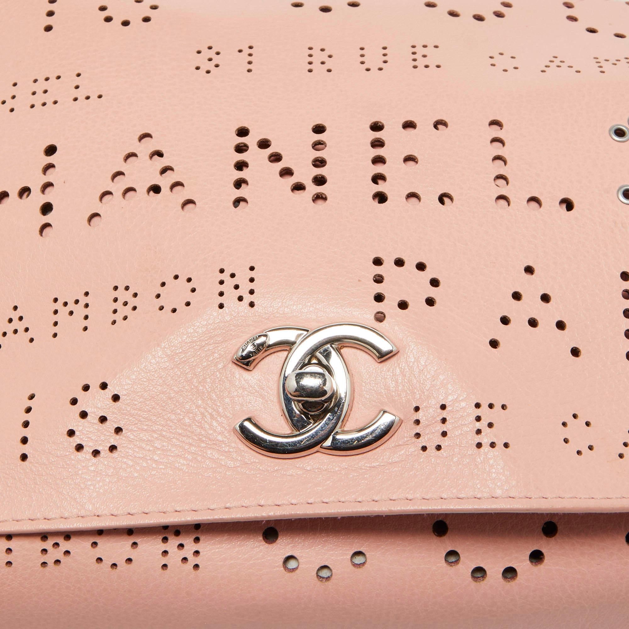 Chanel Light Pink Leather Perforated Logo Flap Bag 3