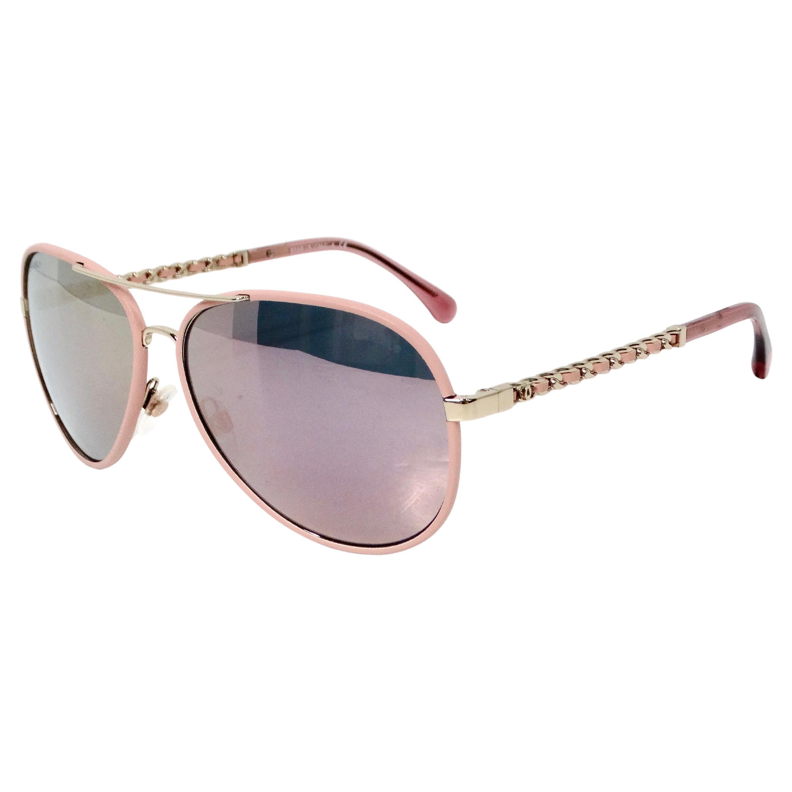 Chanel Light Pink Metal Polarized Pilot Winter Aviator Sunglasses For Sale