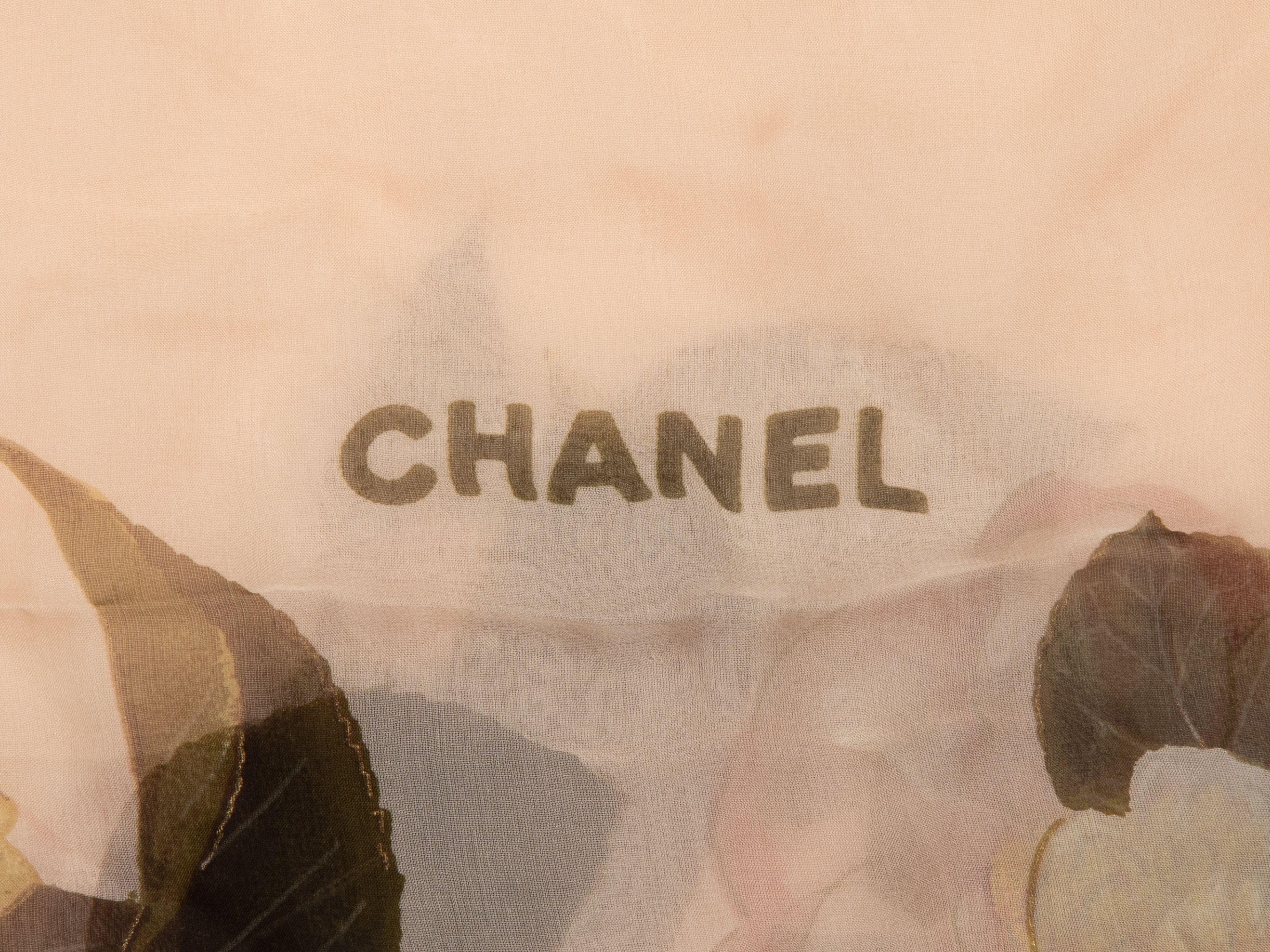 Product Details: Vintage light pink and multicolor floral print silk scarf by Chanel. 54
