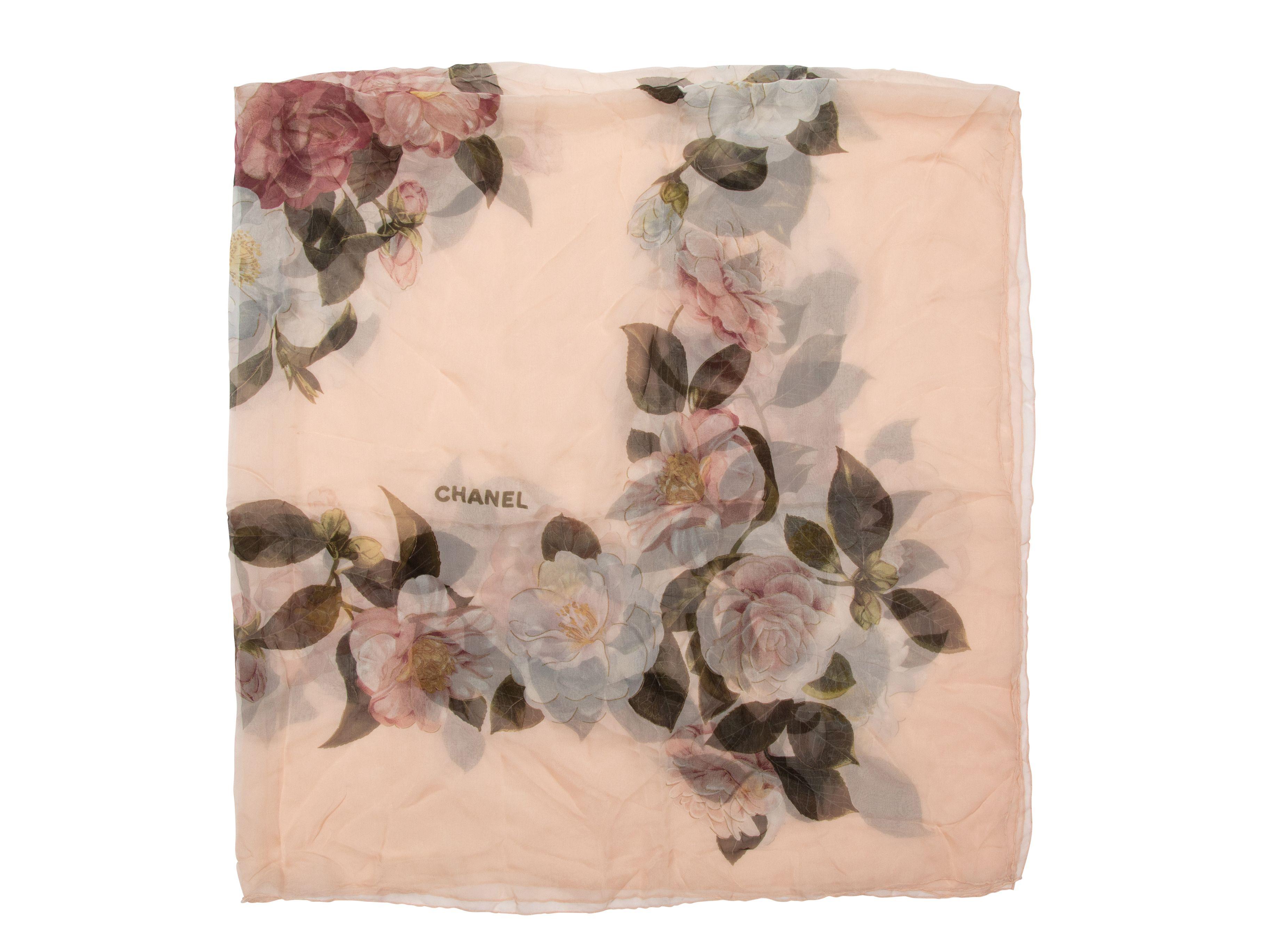 Beige Chanel Light Pink & Multicolor Floral Print Silk Scarf