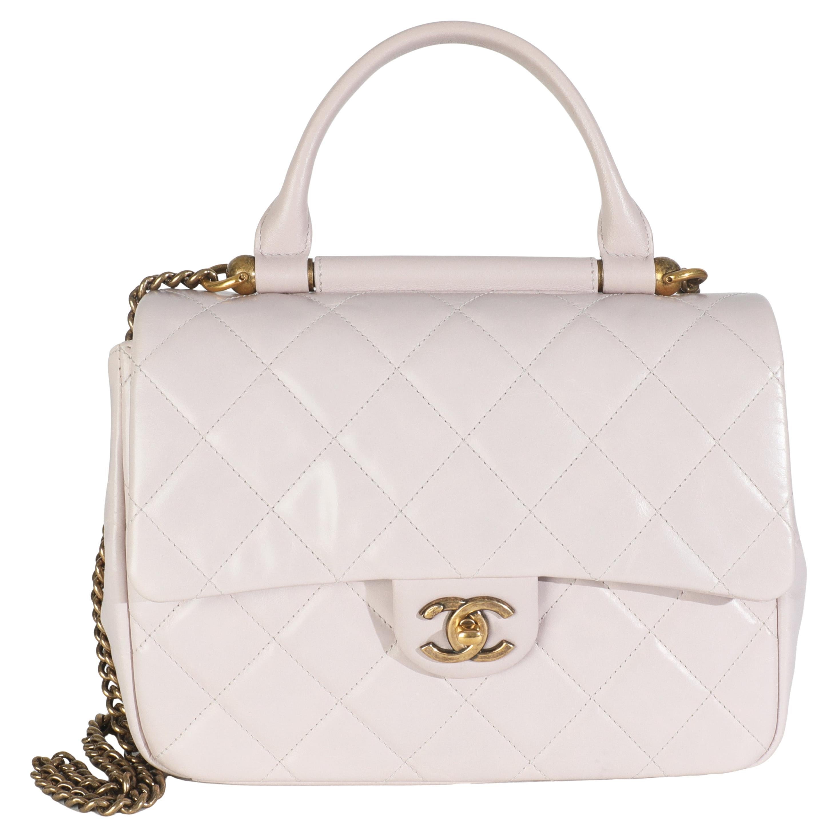 Chanel Light Pink Quilted Glazed Calfskin Medium Gold Bar Top Handle Flap Bag