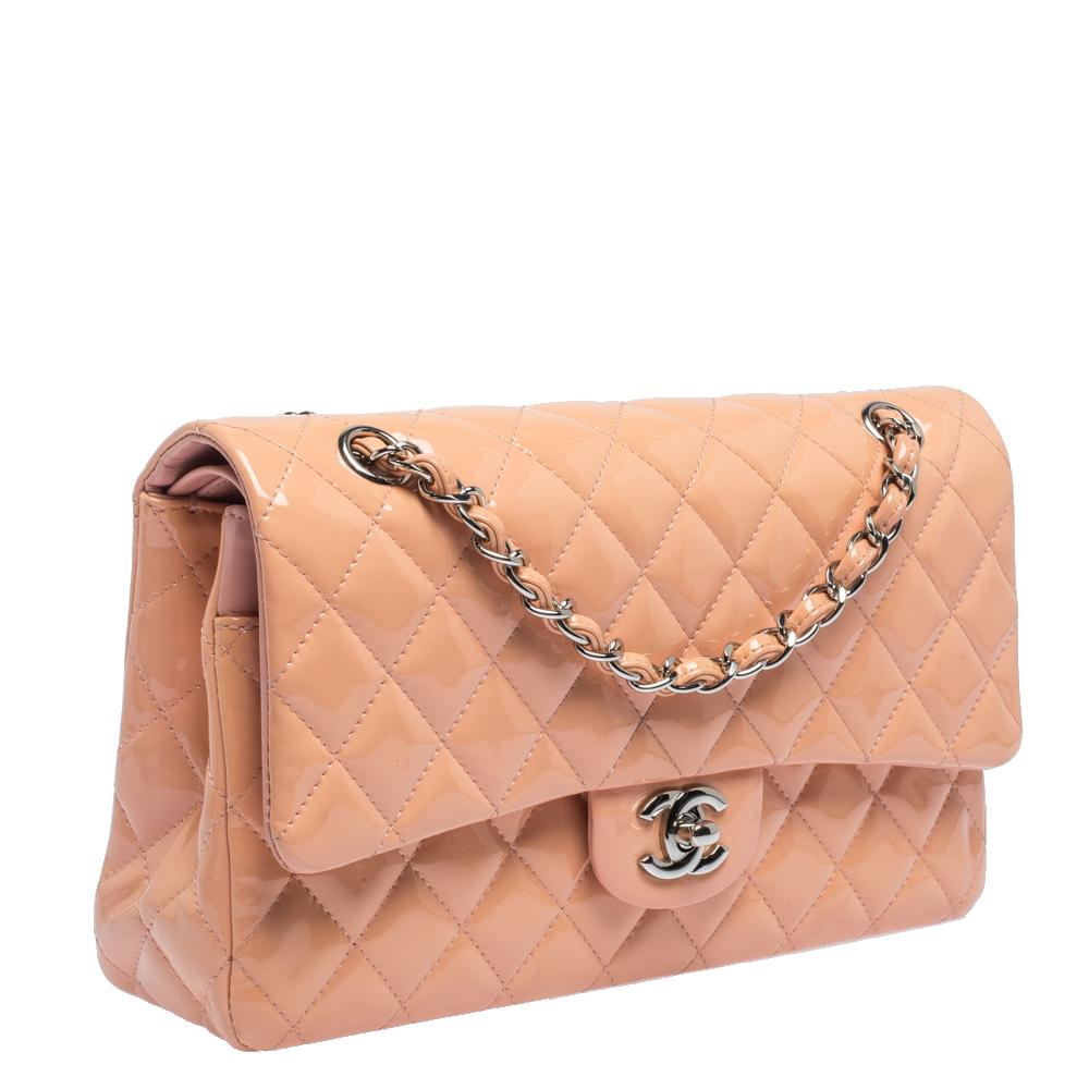 Chanel Light Pink Quilted Patent Leather Medium Classic Double Flap Bag In Good Condition In Dubai, Al Qouz 2