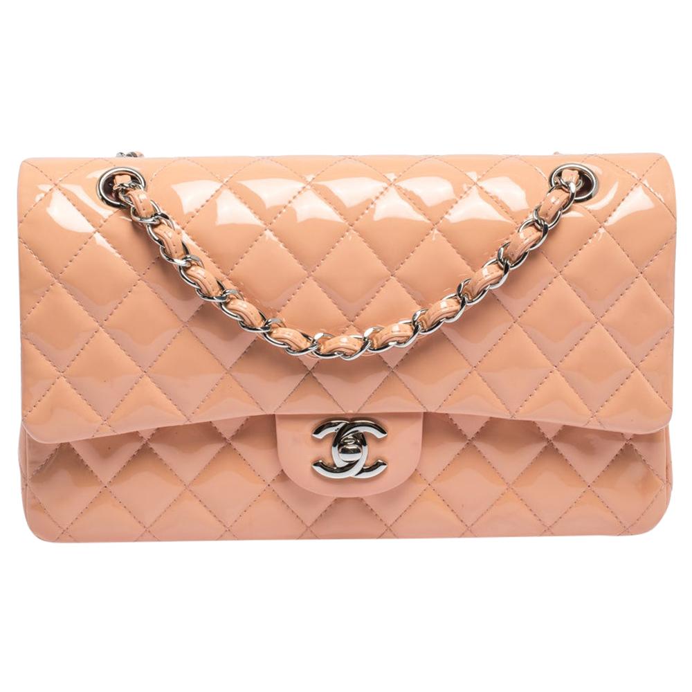 Chanel Light Pink Quilted Patent Leather Medium Classic Double Flap Bag