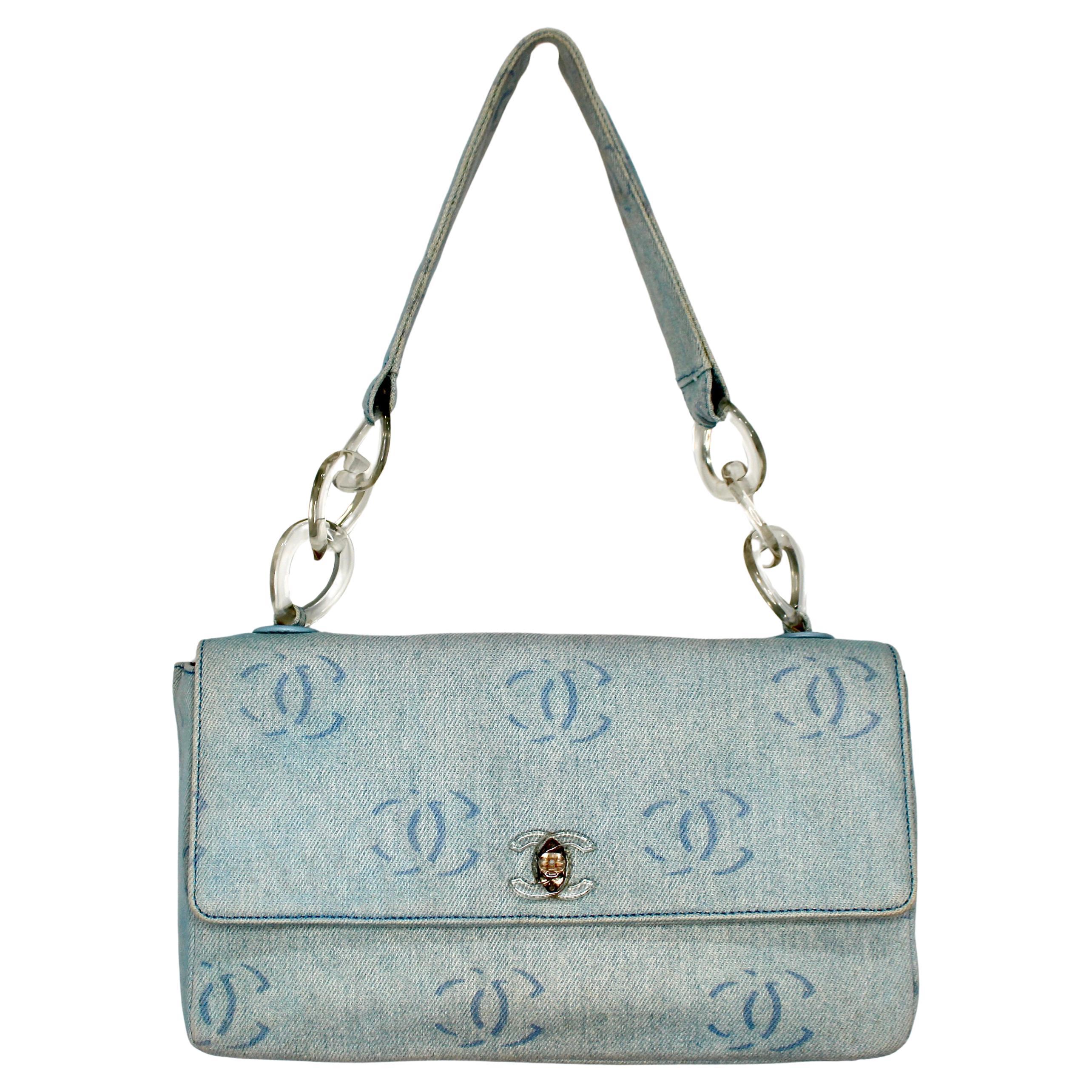 Chanel Light Wash Denim Interlocking CC Printed Flap Bag circa Y2K