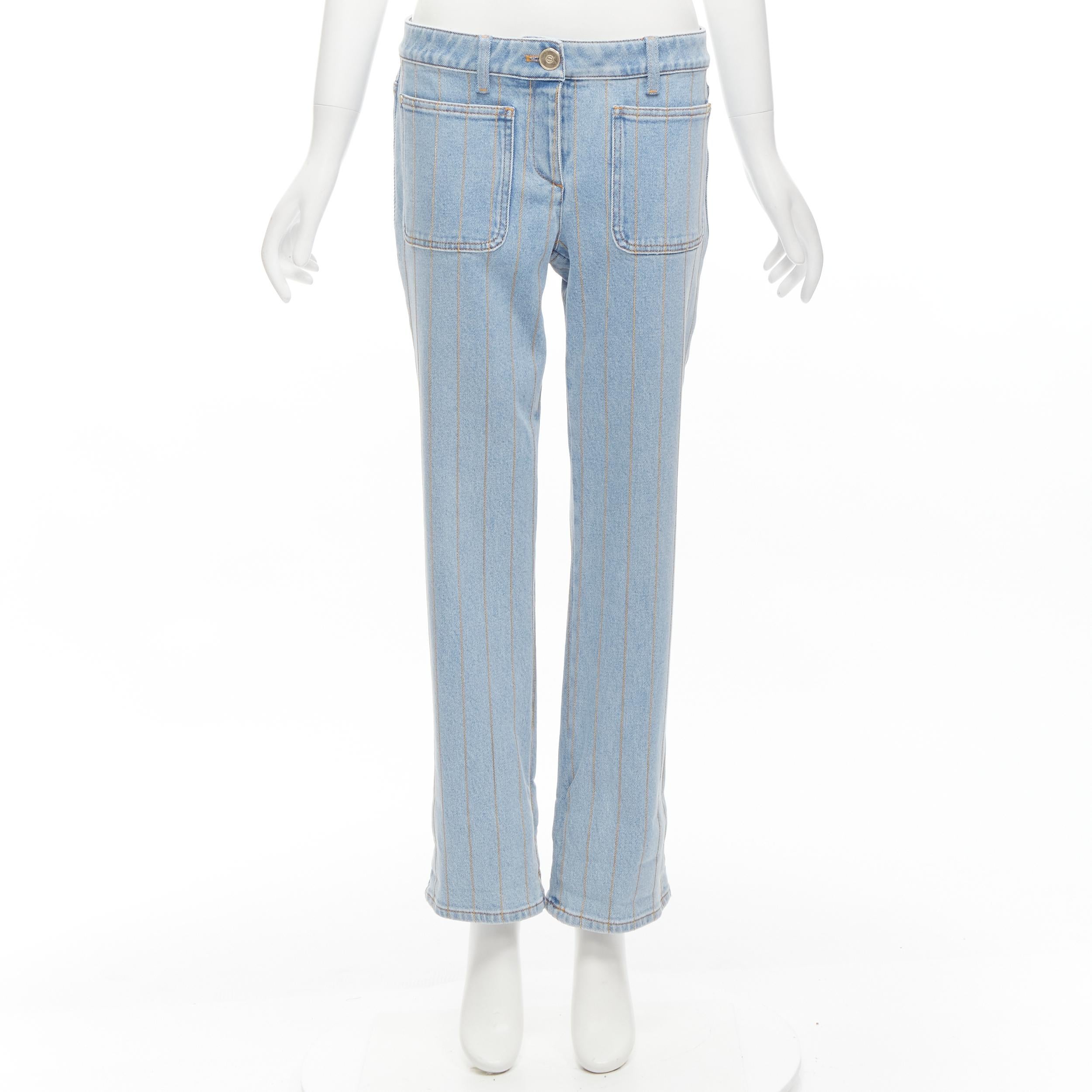 CHANEL light washed blue denim gold chain embroidery straight leg jeans FR40 M For Sale 4