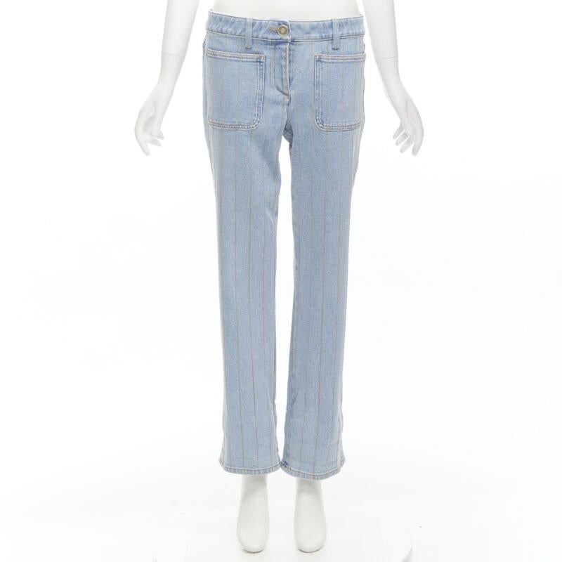 CHANEL light washed blue denim gold chain embroidery straight leg jeans FR40 M 5