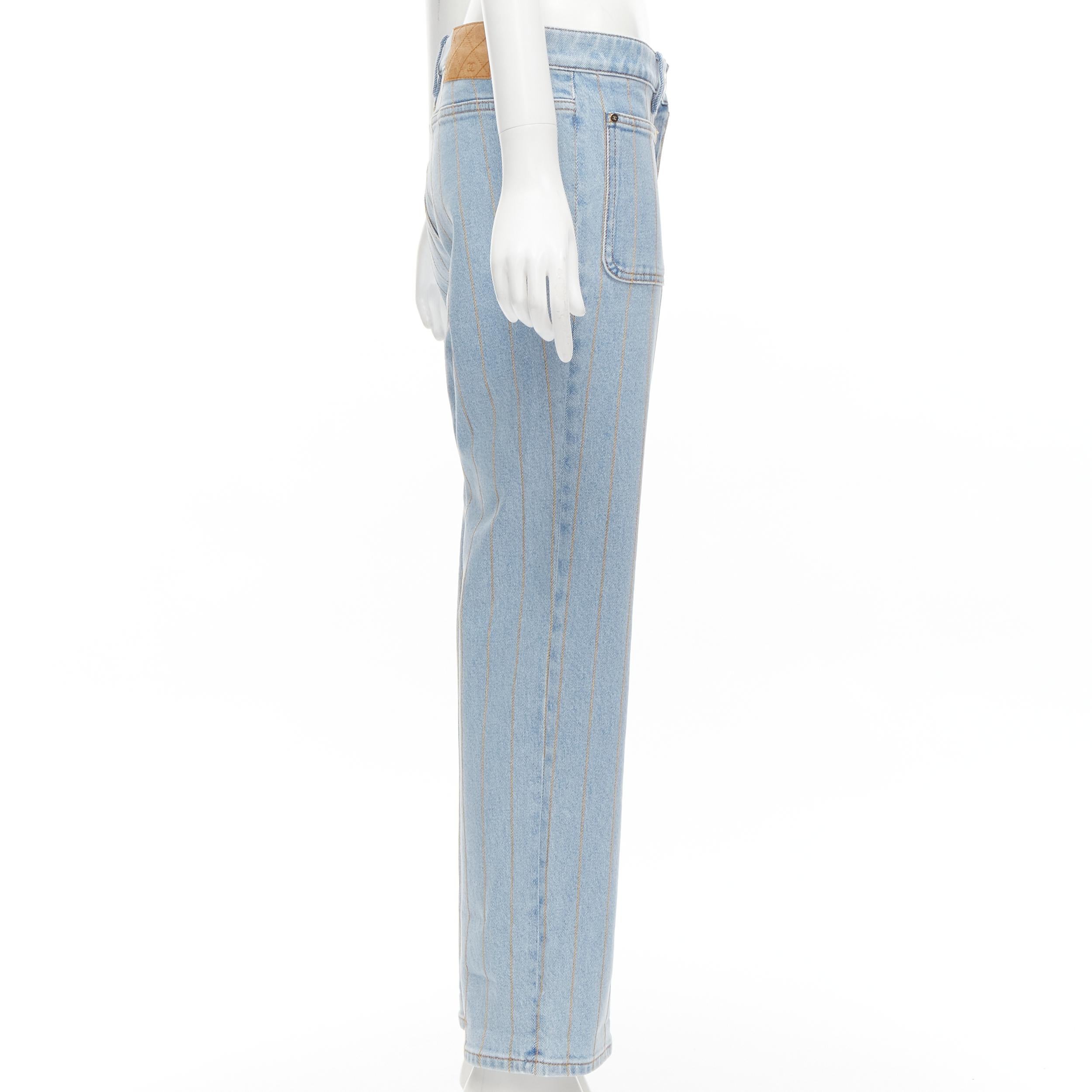 Blue CHANEL light washed blue denim gold chain embroidery straight leg jeans FR40 M For Sale