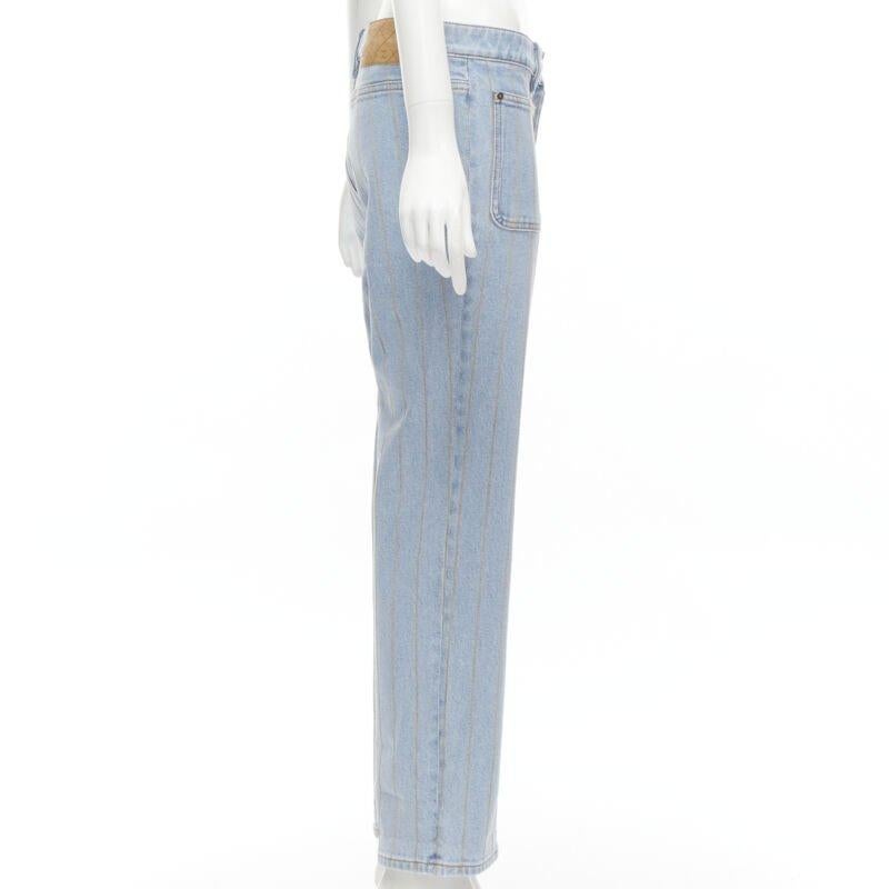CHANEL light washed blue denim gold chain embroidery straight leg jeans FR40 M In Excellent Condition In Hong Kong, NT