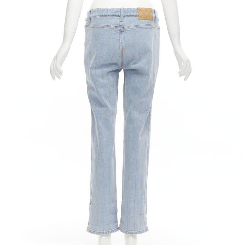Women's CHANEL light washed blue denim gold chain embroidery straight leg jeans FR40 M