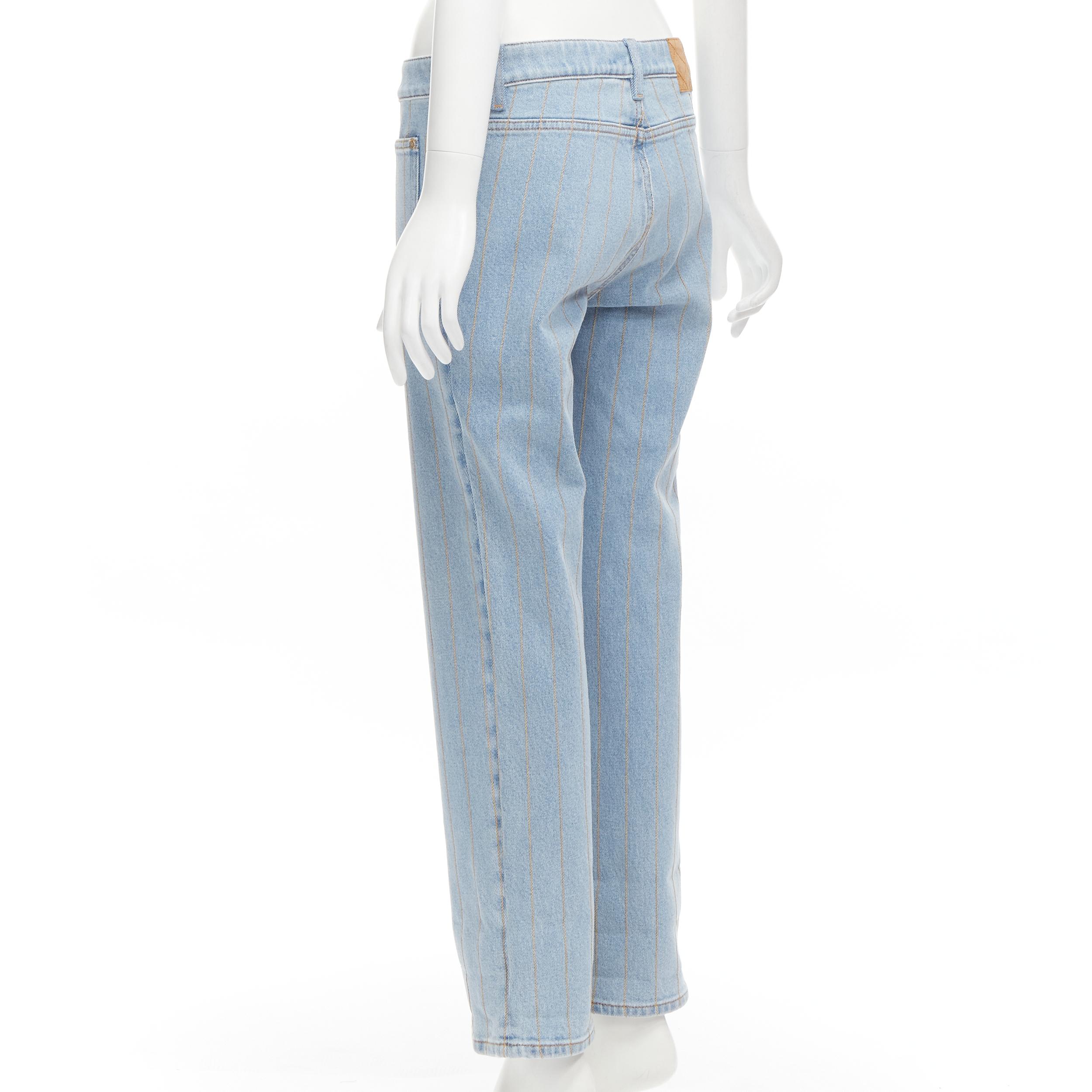 Women's CHANEL light washed blue denim gold chain embroidery straight leg jeans FR40 M For Sale