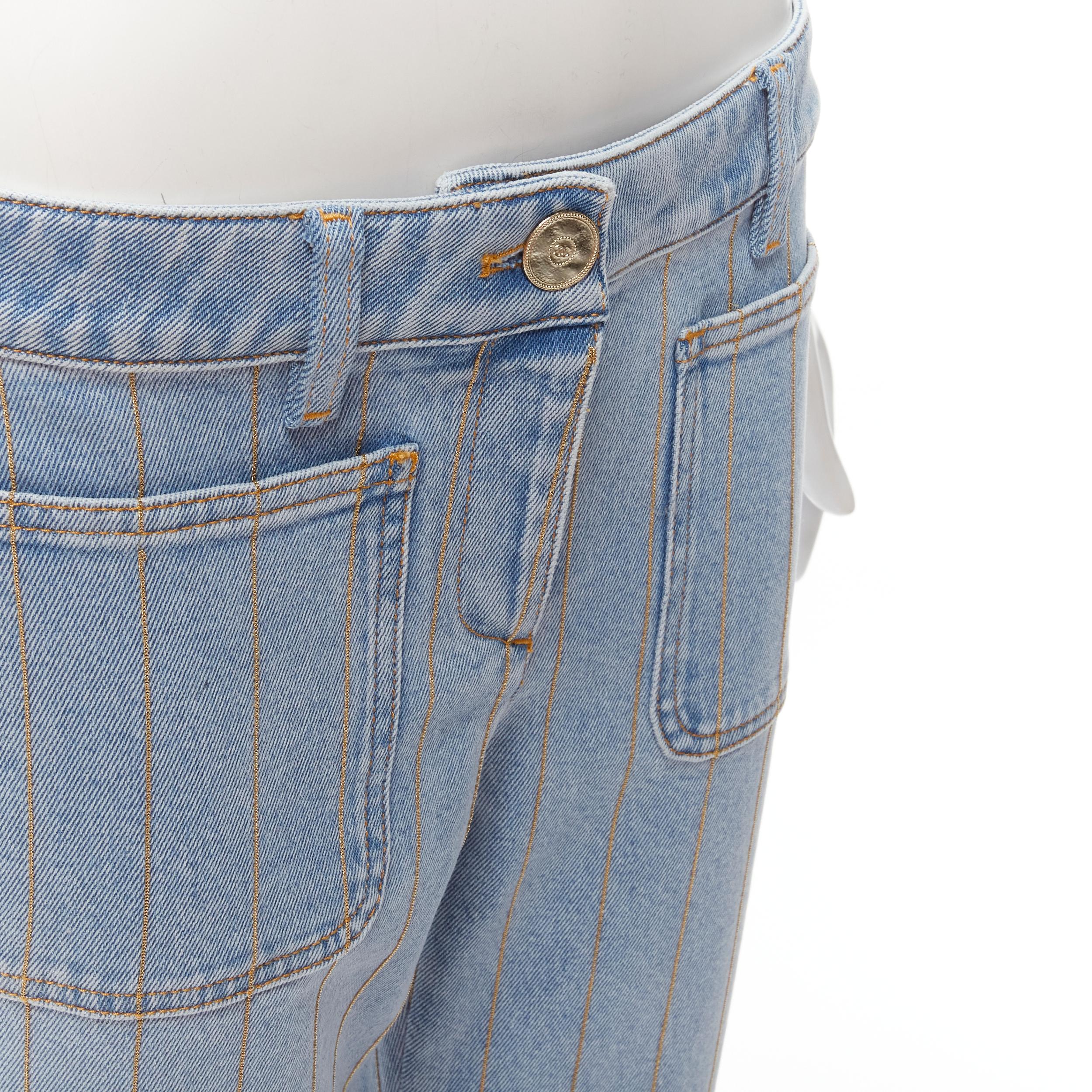 CHANEL light washed blue denim gold chain embroidery straight leg jeans FR40 M For Sale 1
