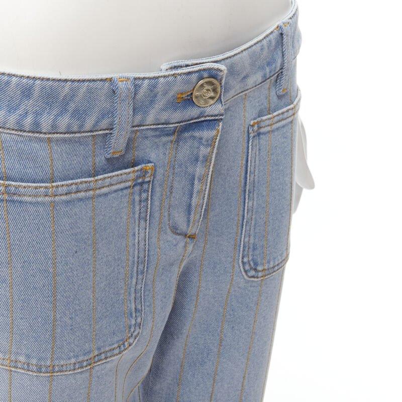 CHANEL light washed blue denim gold chain embroidery straight leg jeans FR40 M 2