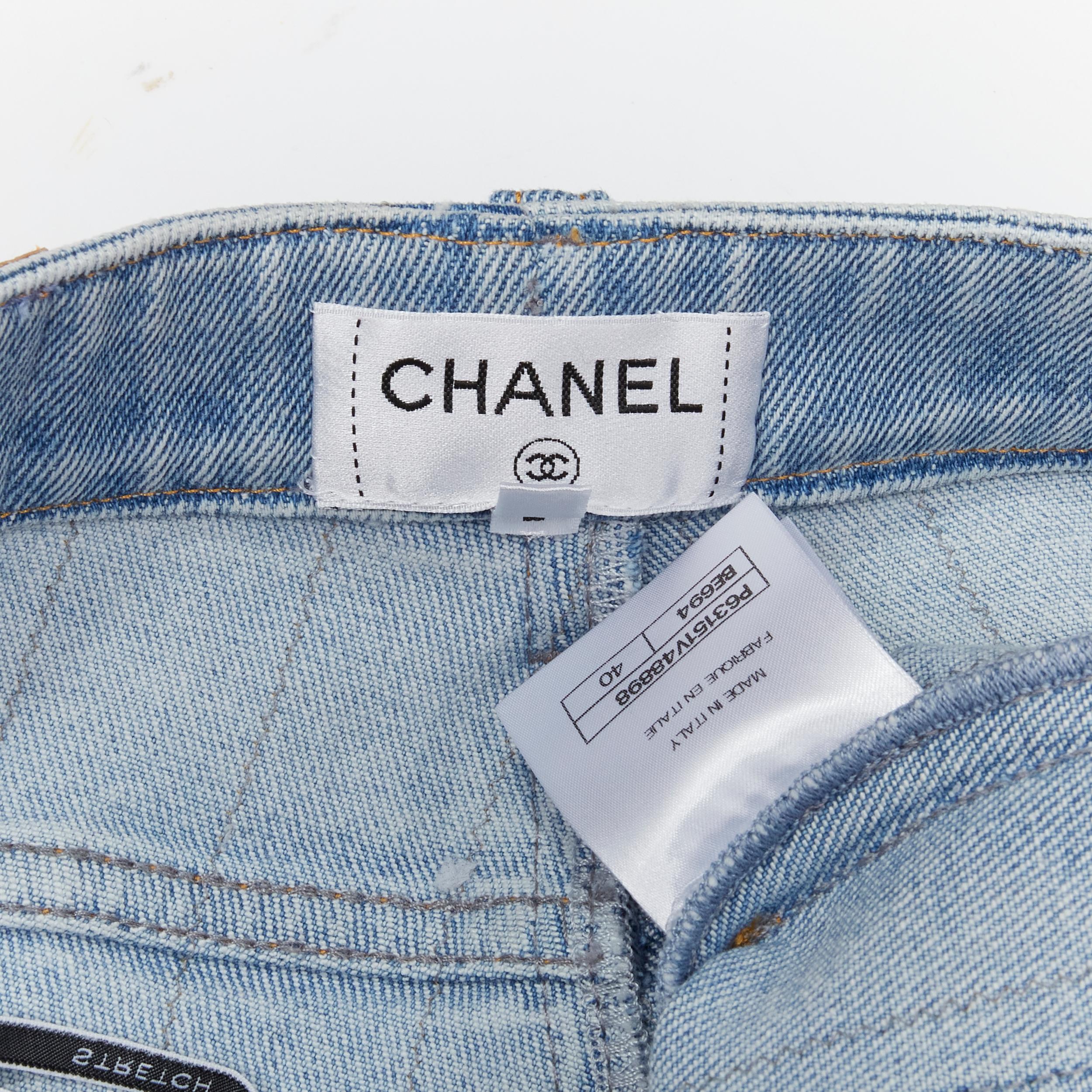 CHANEL light washed blue denim gold chain embroidery straight leg jeans FR40 M For Sale 3