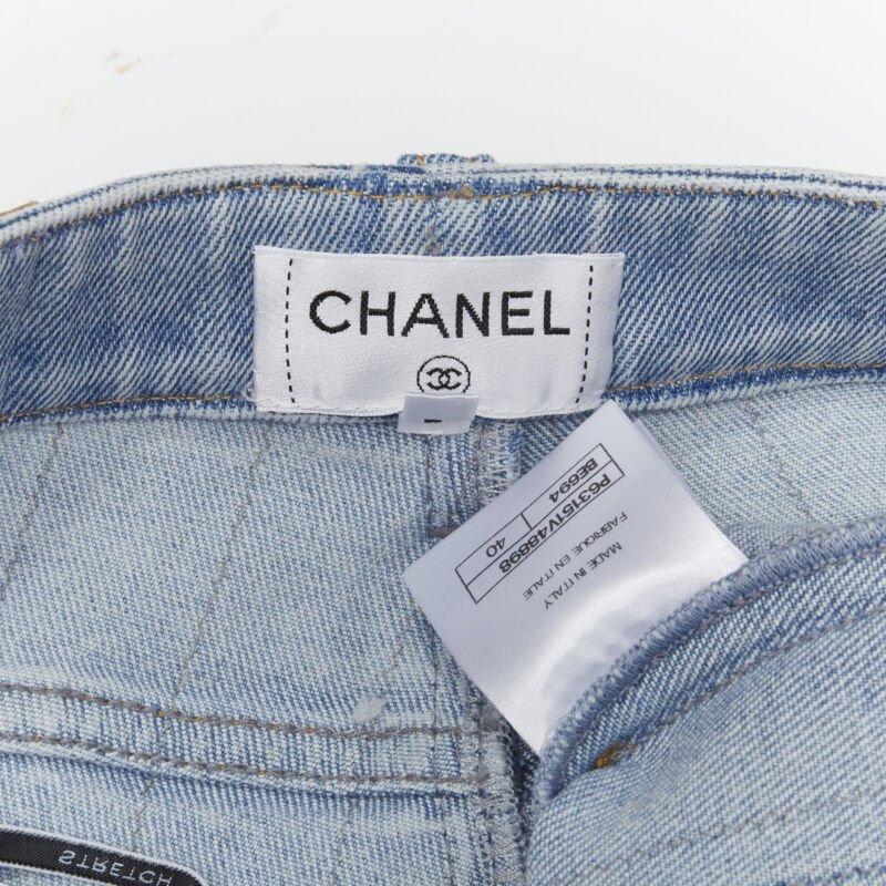 CHANEL light washed blue denim gold chain embroidery straight leg jeans FR40 M 4
