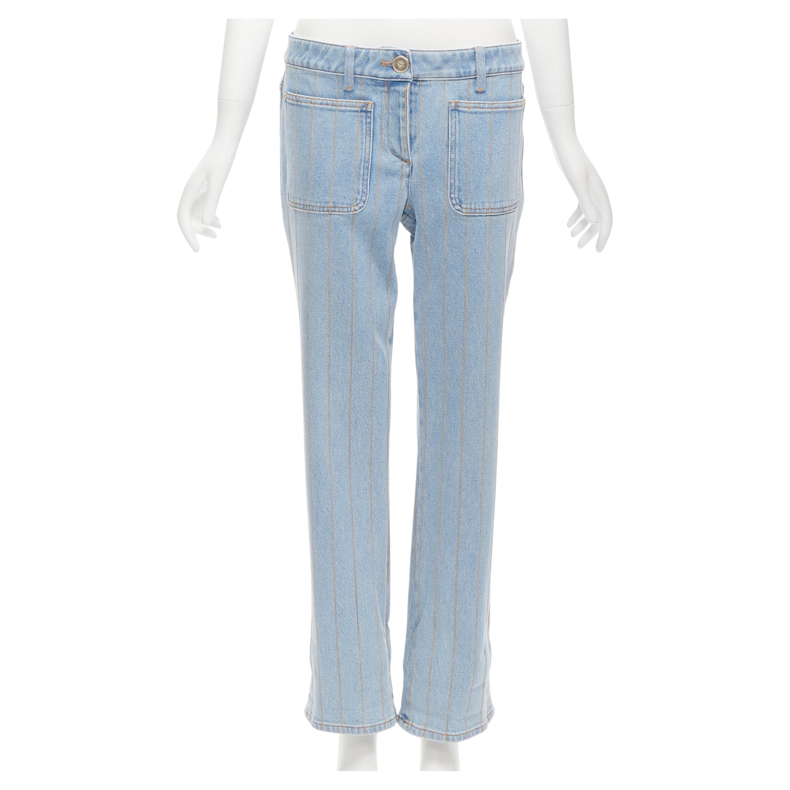 CHANEL light washed blue denim gold chain embroidery straight leg jeans FR40 M For Sale