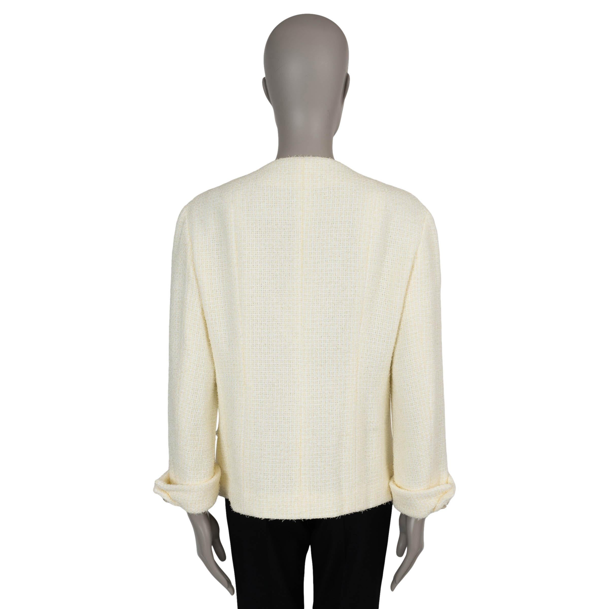Beige CHANEL light yellow 23S COLLARLESS TWEED Coat Jacket 46 fits L For Sale