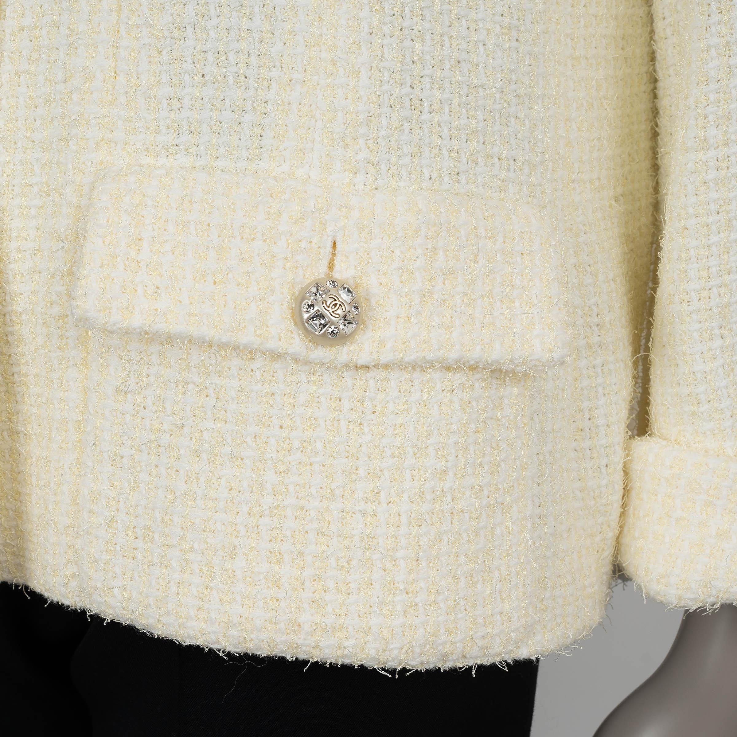 CHANEL light yellow 23S COLLARLESS TWEED Coat Jacket 46 fits L For Sale 1