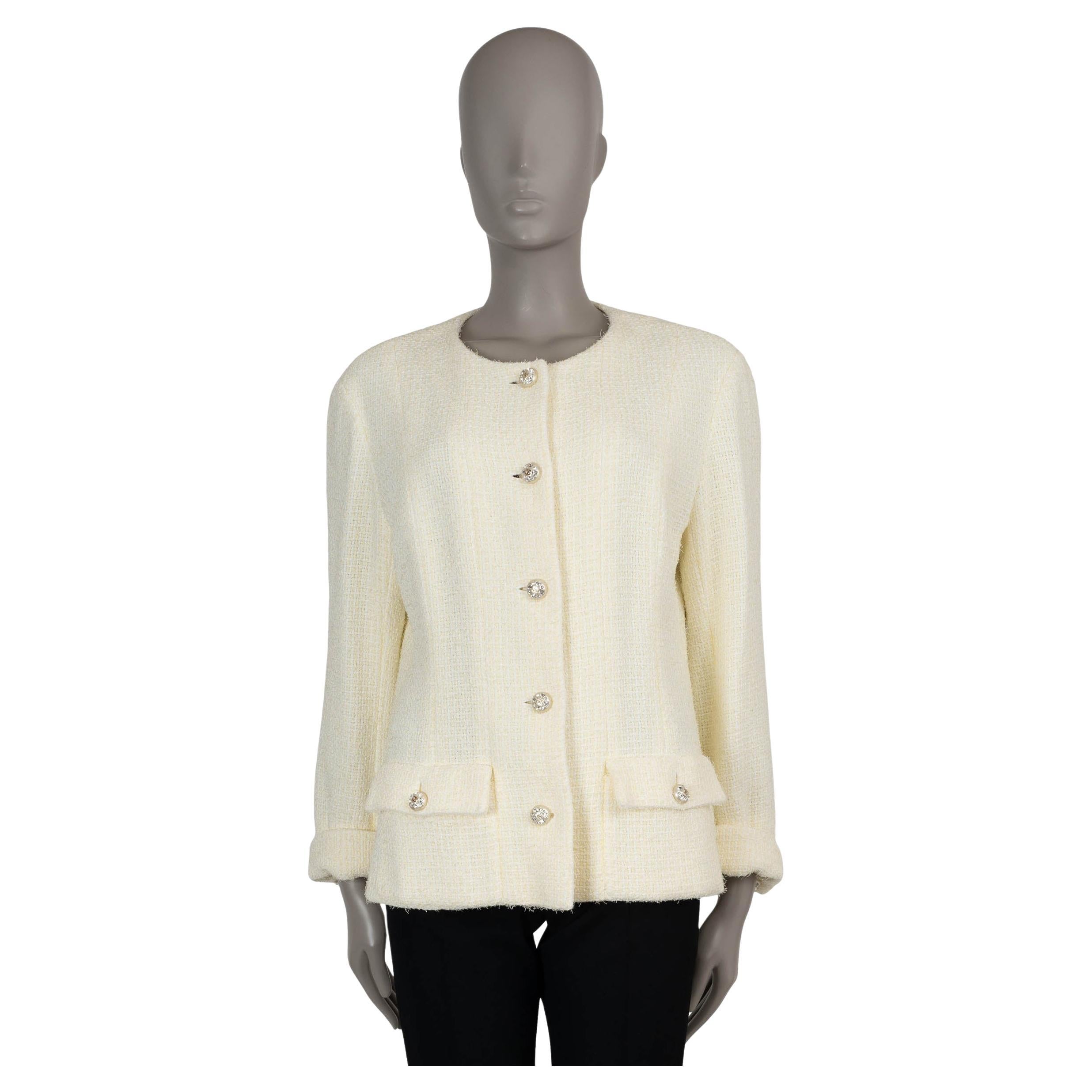 CHANEL light yellow 23S COLLARLESS TWEED Coat Jacket 46 fits L For Sale