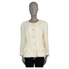 CHANEL light yellow 23S COLLARLESS TWEED Coat Jacket 46 fits L
