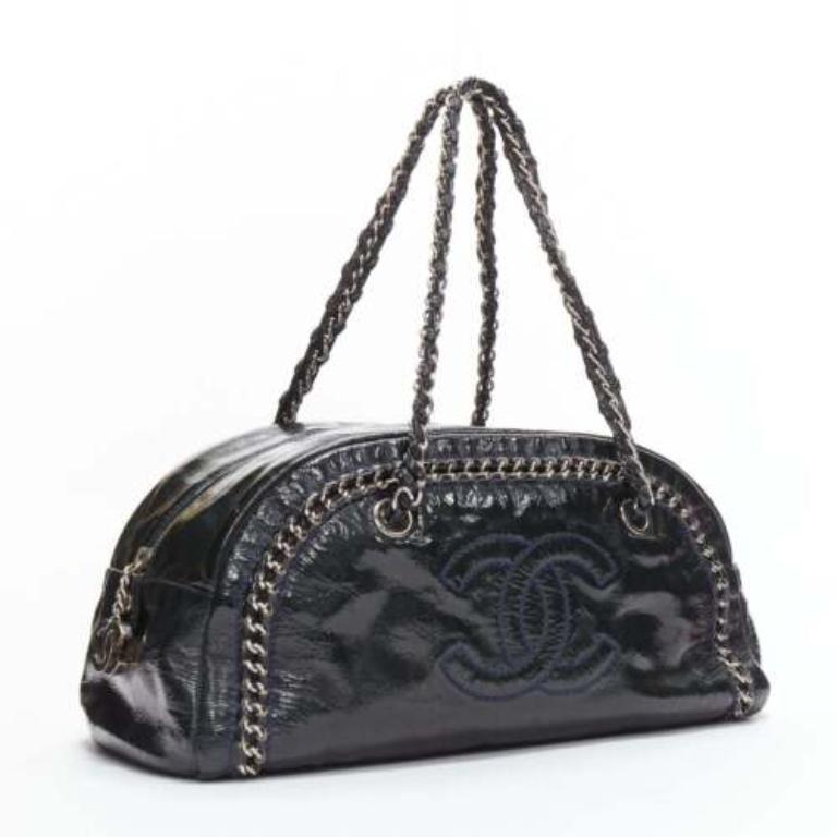 Black CHANEL Ligne Bowler black patent leather CC woven chain satchel bag