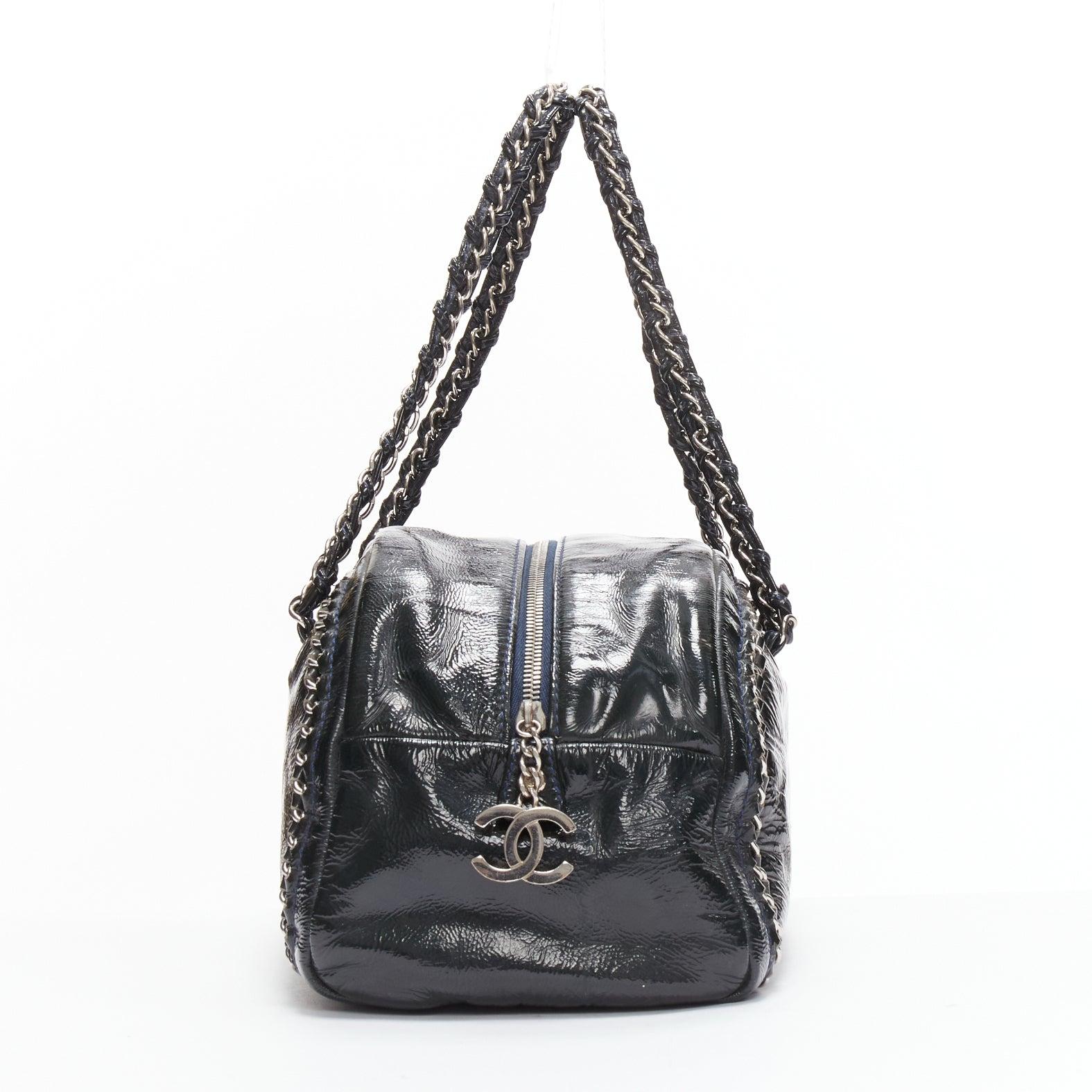 CHANEL Ligne Bowler black patent leather CC woven chain satchel bag In Good Condition For Sale In Hong Kong, NT