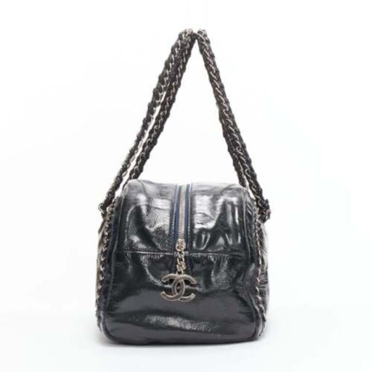 CHANEL Ligne Bowler black patent leather CC woven chain satchel bag In Good Condition In Hong Kong, NT