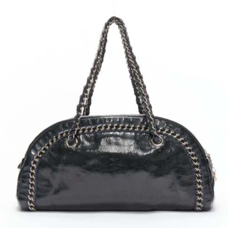 Women's CHANEL Ligne Bowler black patent leather CC woven chain satchel bag