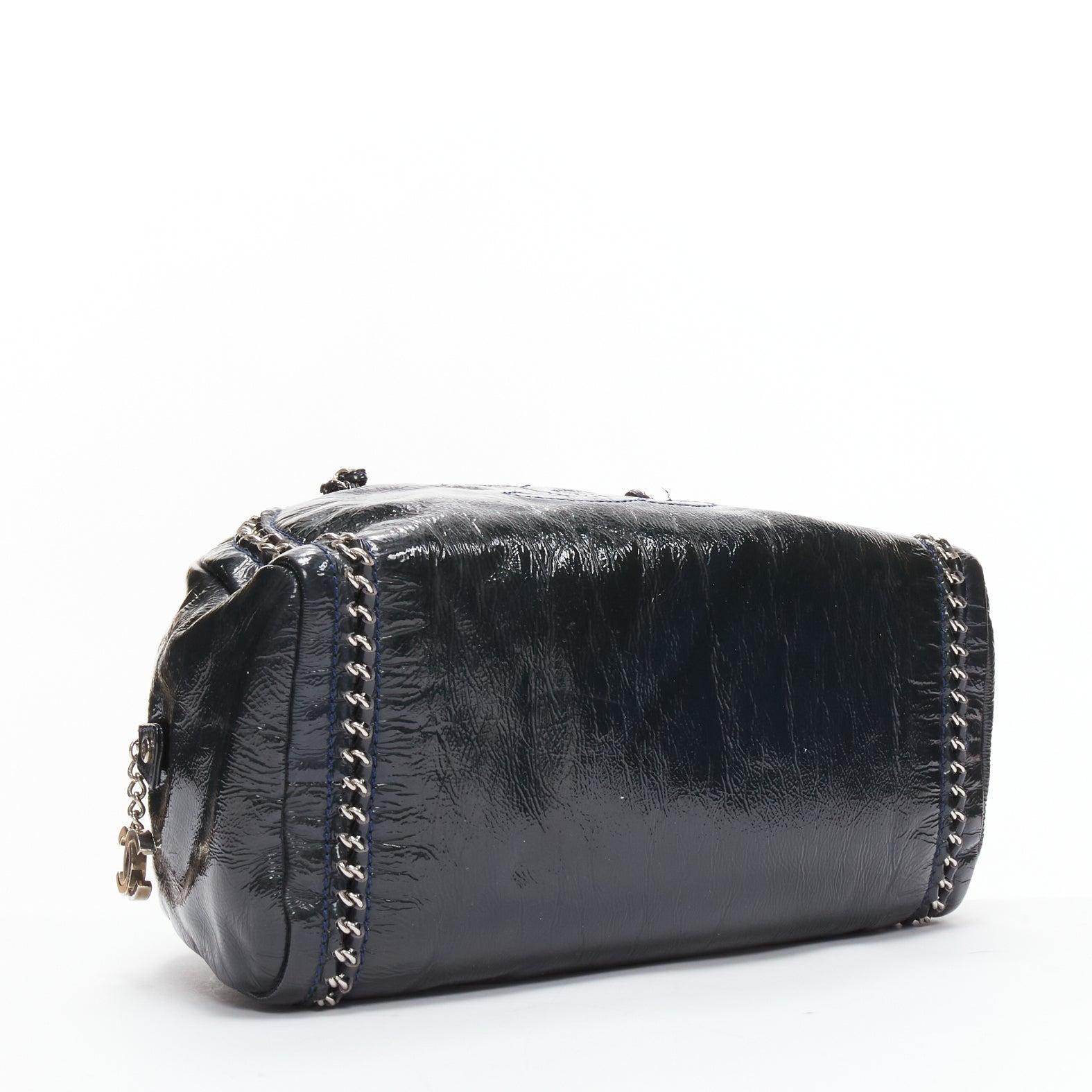 CHANEL Ligne Bowler black patent leather CC woven chain satchel bag For Sale 1