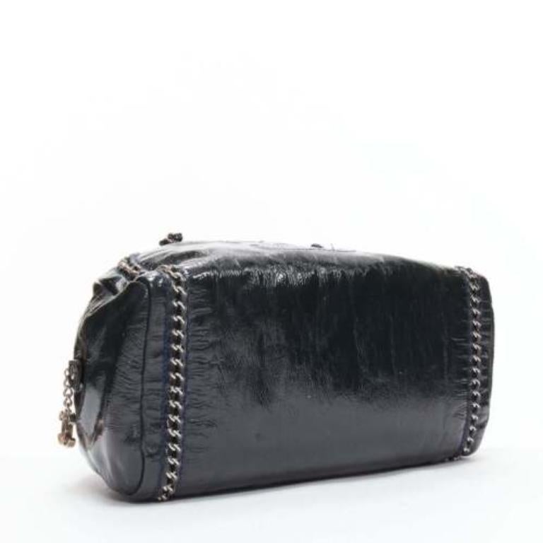 CHANEL Ligne Bowler black patent leather CC woven chain satchel bag 1
