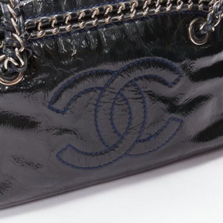 CHANEL Ligne Bowler black patent leather CC woven chain satchel bag 2