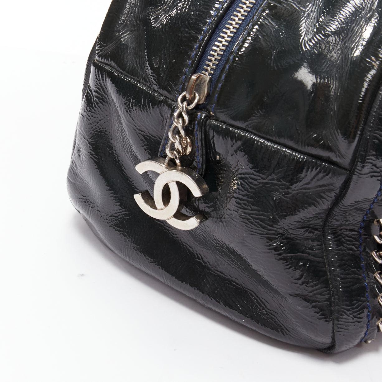 CHANEL Ligne Bowler black patent leather CC woven chain satchel bag For Sale 3