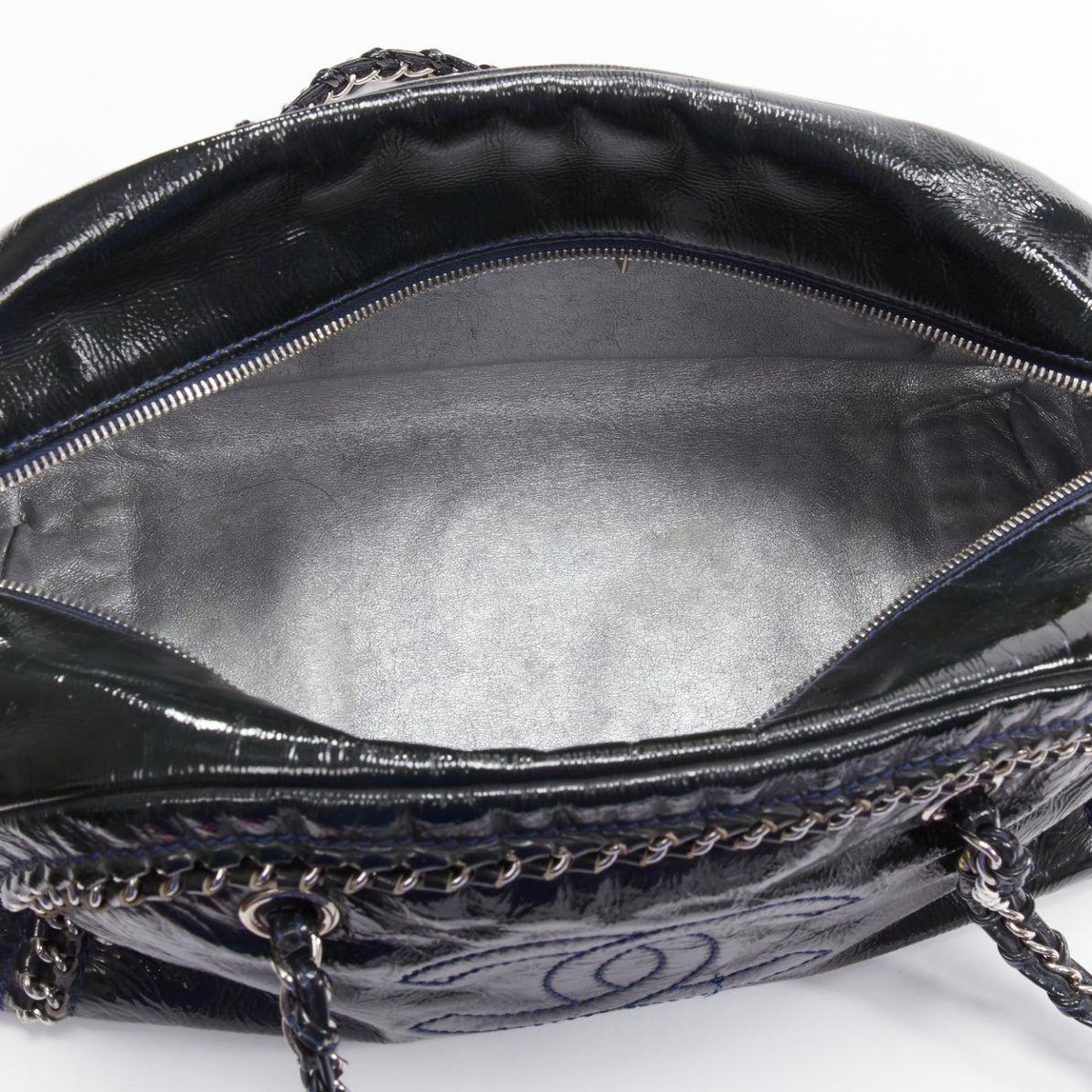 CHANEL Ligne Bowler black patent leather CC woven chain satchel bag For Sale 4
