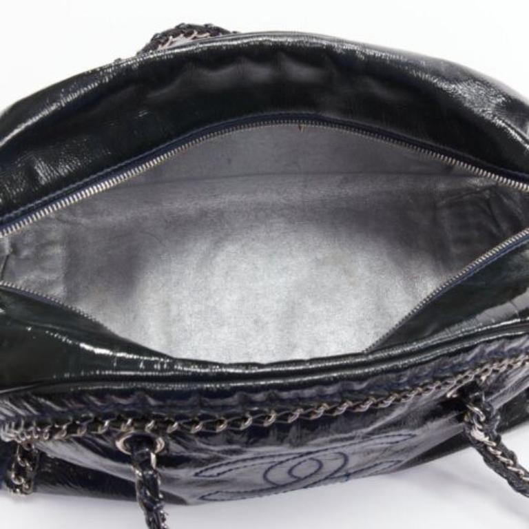 CHANEL Ligne Bowler black patent leather CC woven chain satchel bag 4