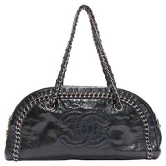 CHANEL Ligne Bowler black patent leather CC woven chain satchel bag