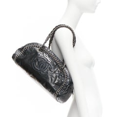 CHANEL Ligne Bowler dark green patent leather CC woven chain satchel bag