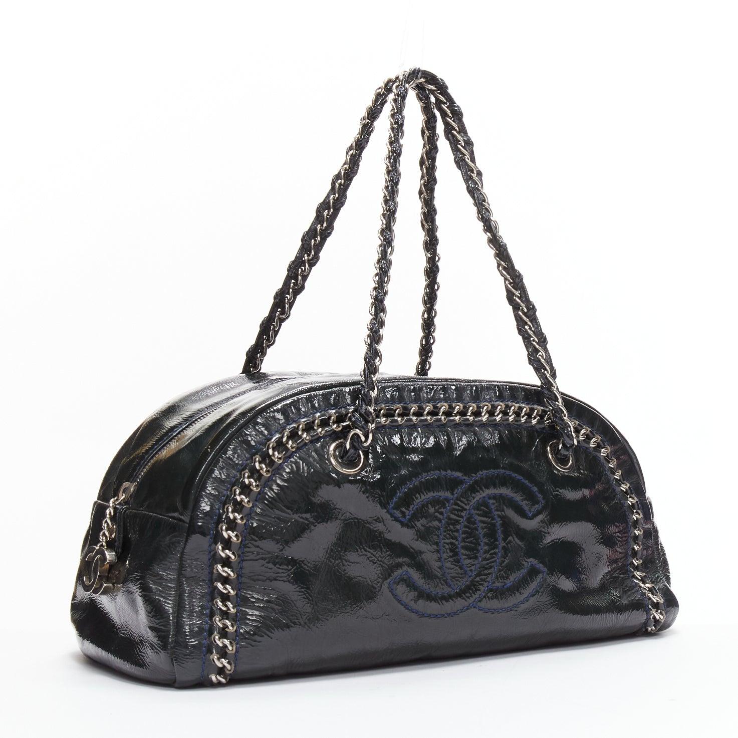 Black CHANEL Ligne Bowler dark green patent leather CC woven chain satchel bag