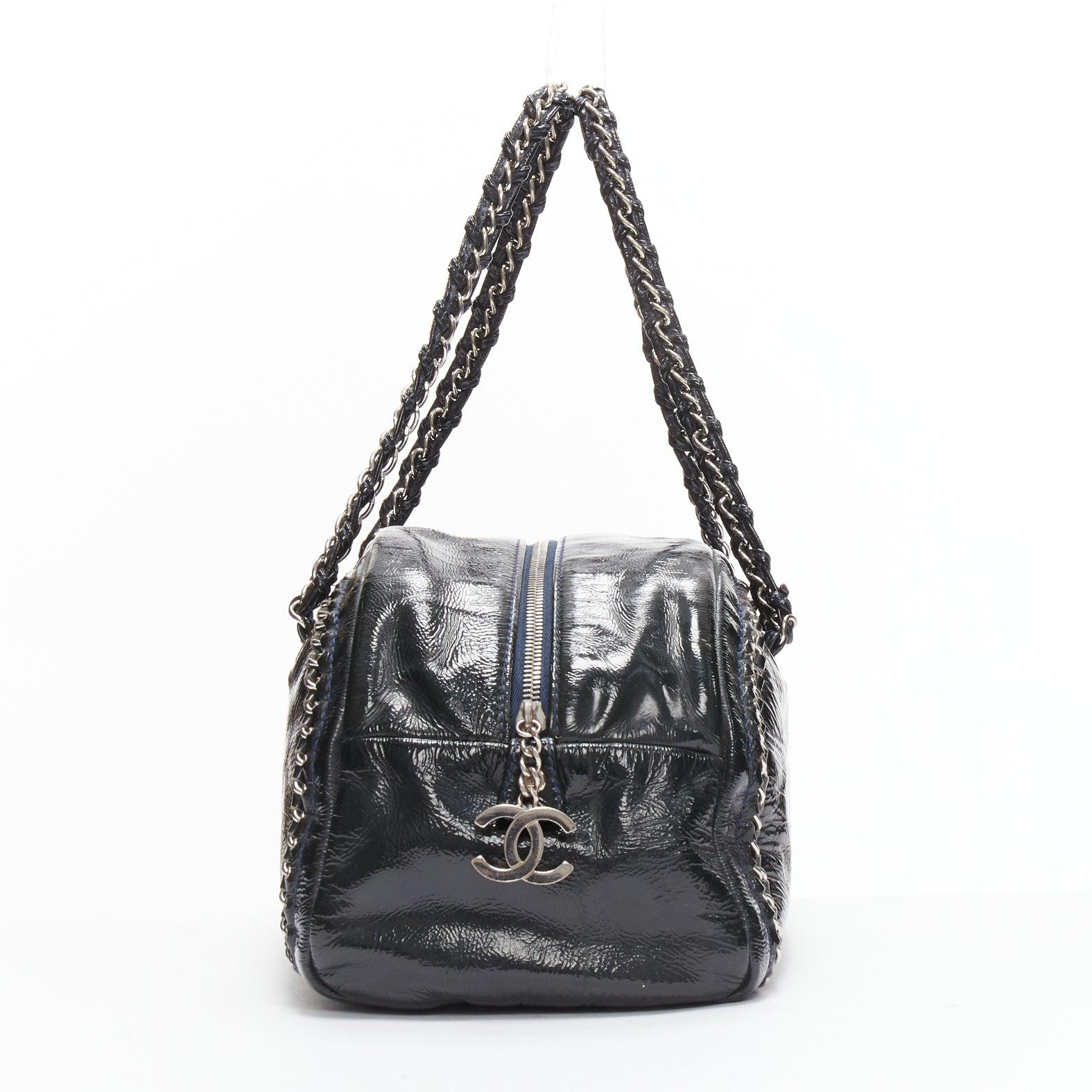 CHANEL Ligne Bowler dark green patent leather CC woven chain satchel bag In Good Condition In Hong Kong, NT