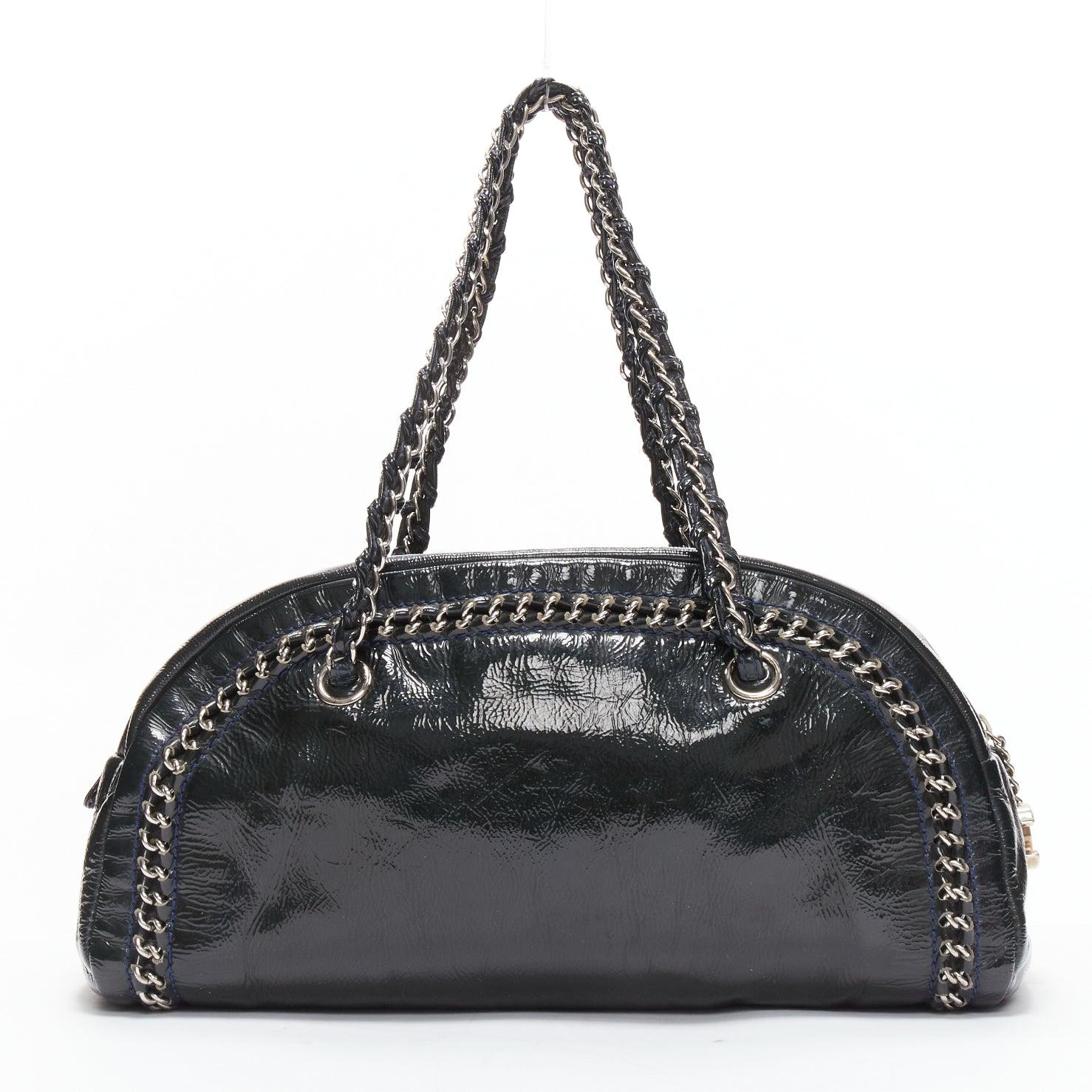 Women's CHANEL Ligne Bowler dark green patent leather CC woven chain satchel bag