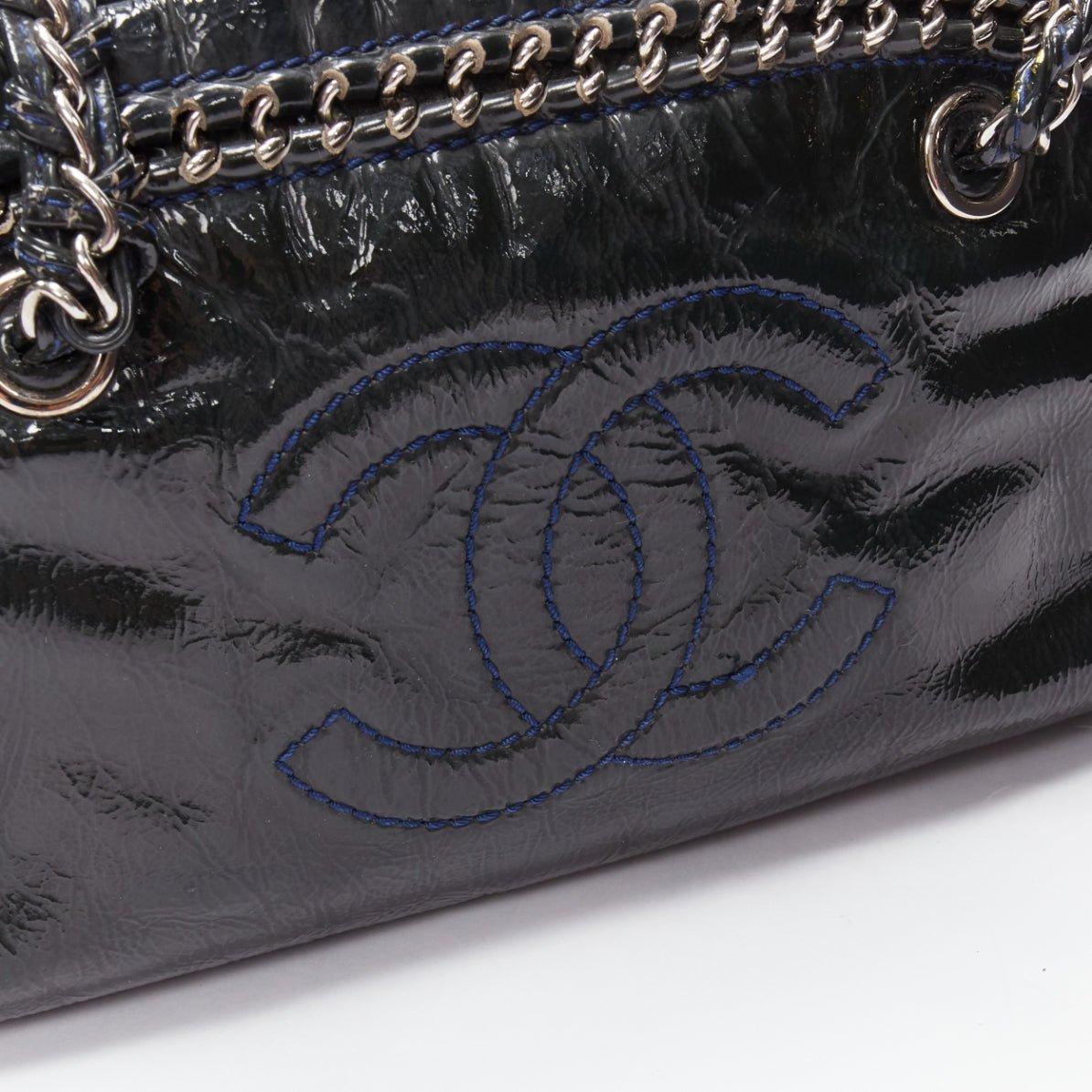 CHANEL Ligne Bowler dark green patent leather CC woven chain satchel bag 2