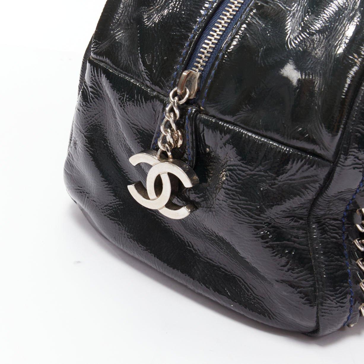 CHANEL Ligne Bowler dark green patent leather CC woven chain satchel bag 3