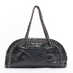 Chanel Ligne Bowler sac à bandoulière en cuir verni CC tissé vert foncé