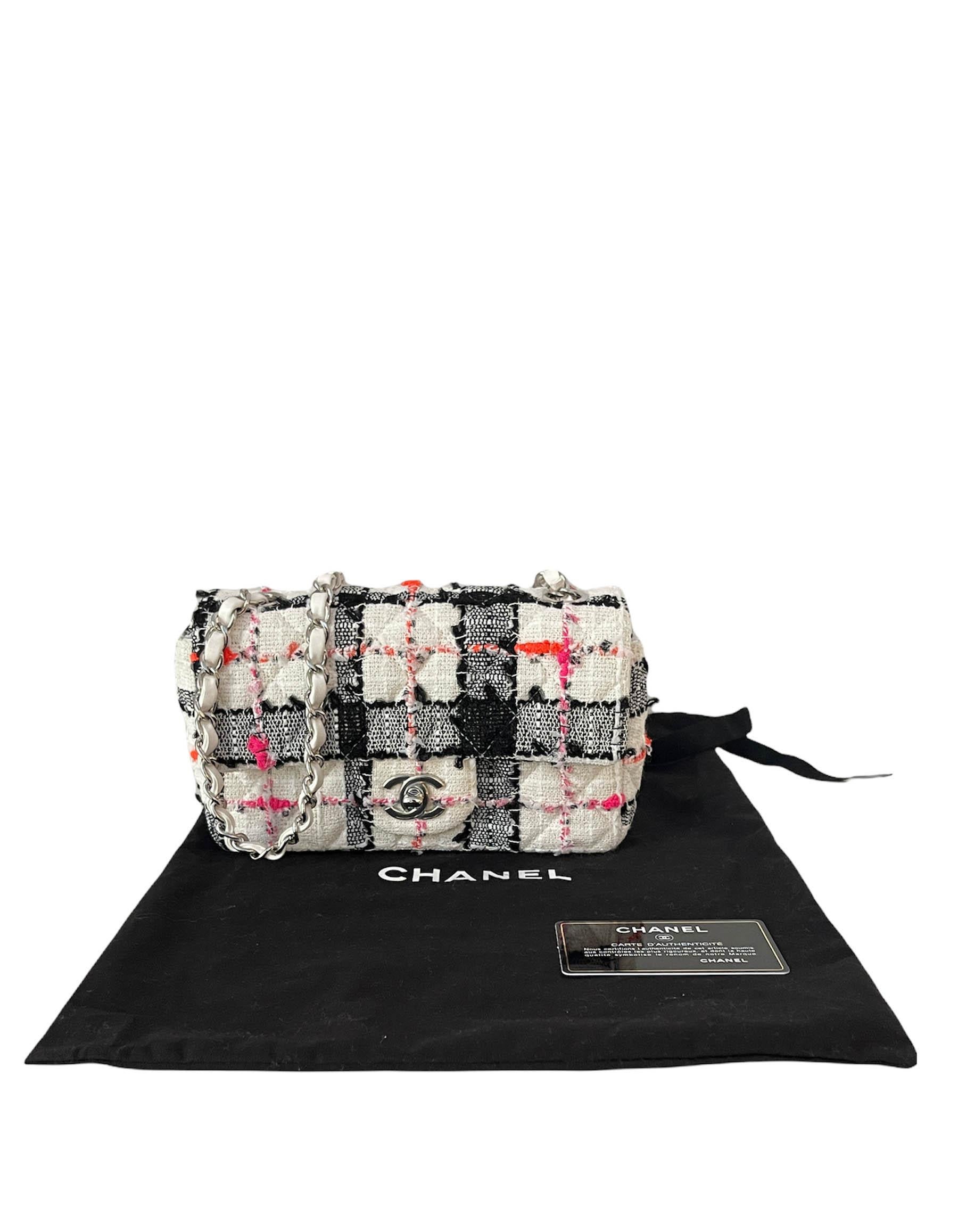 Women's Chanel LIKE NEW 2021 White/Black/Neon Tweed Rectangular Mini Flap Crossbody Bag