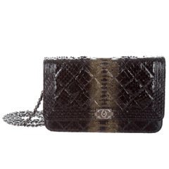 Chanel Like New Black Gold Python Exotic Leather WOC Shoulder Flap Bag 