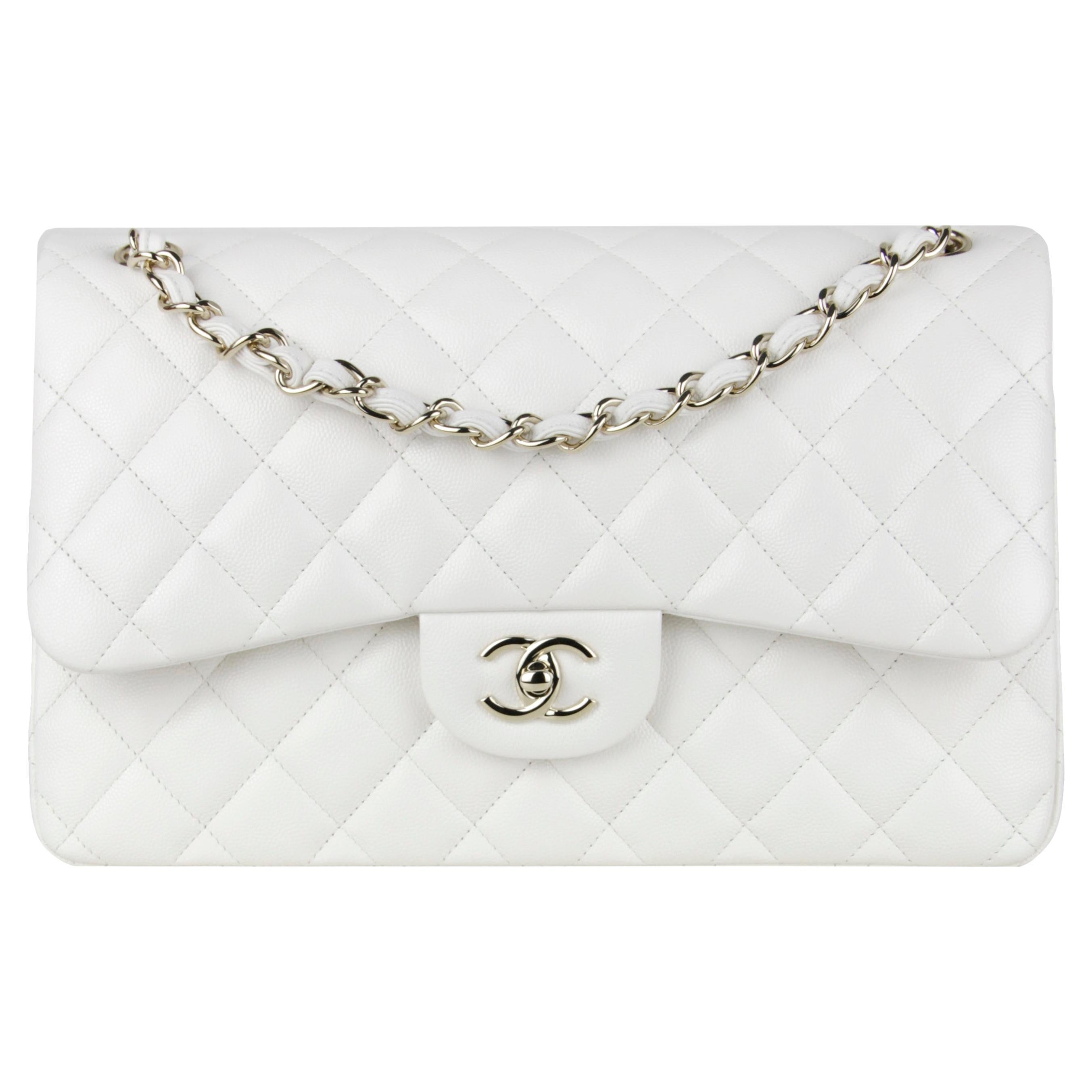 Chanel Klassische Jumbo-Tasche mit doppelter Klappe aus gestepptem weißem Kaviarleder, NEU