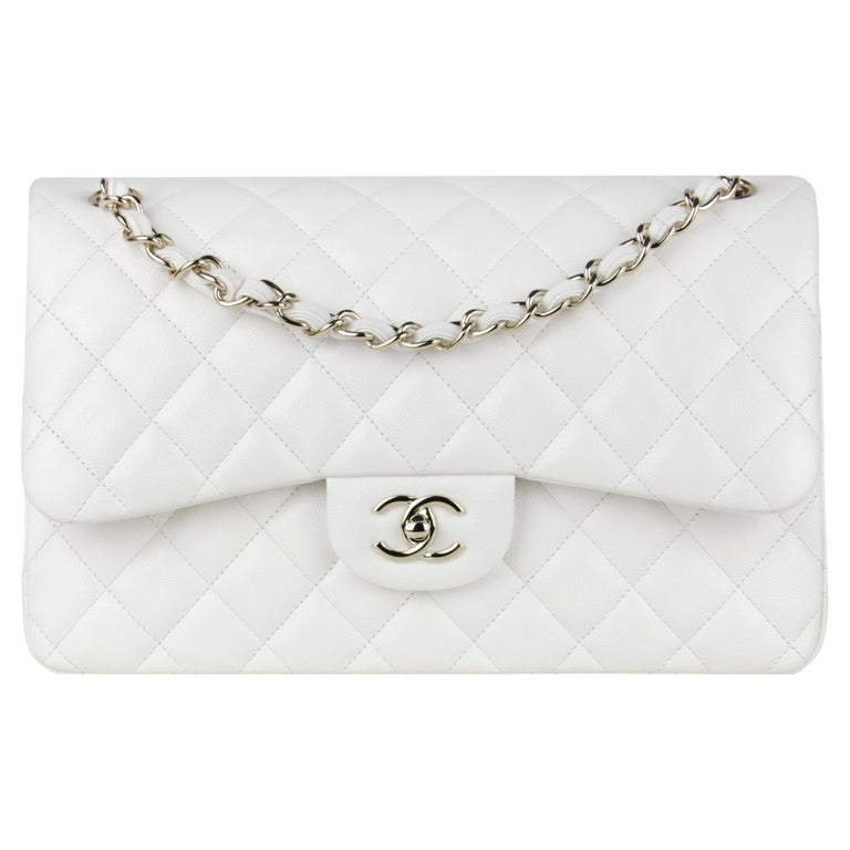 Chanel LIKE NEW White Caviar Leather Quilted Classic Double Flap Jumbo Bag