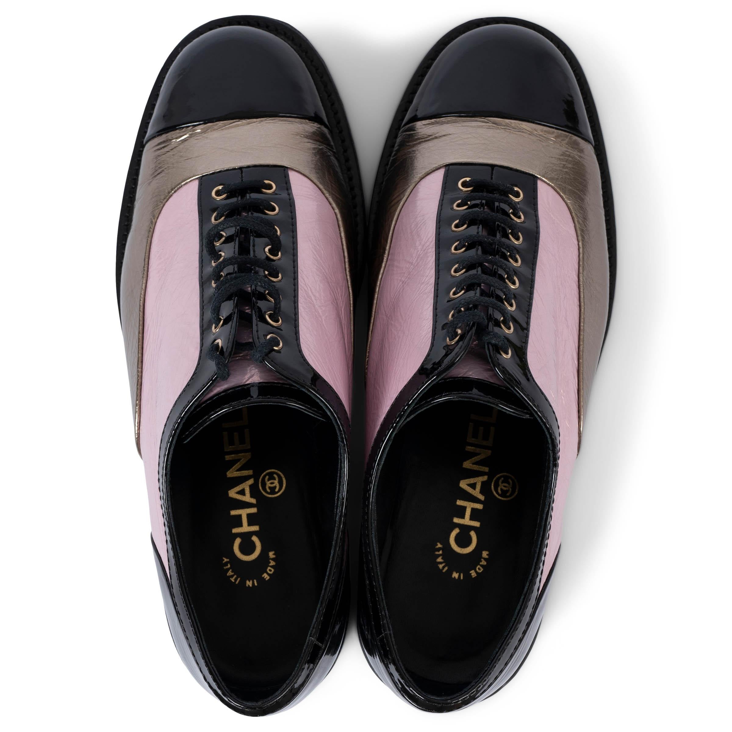 CHANEL lilas noir  cuir verni bronze 2017 17C CUBA Chaussures Oxford 38 1