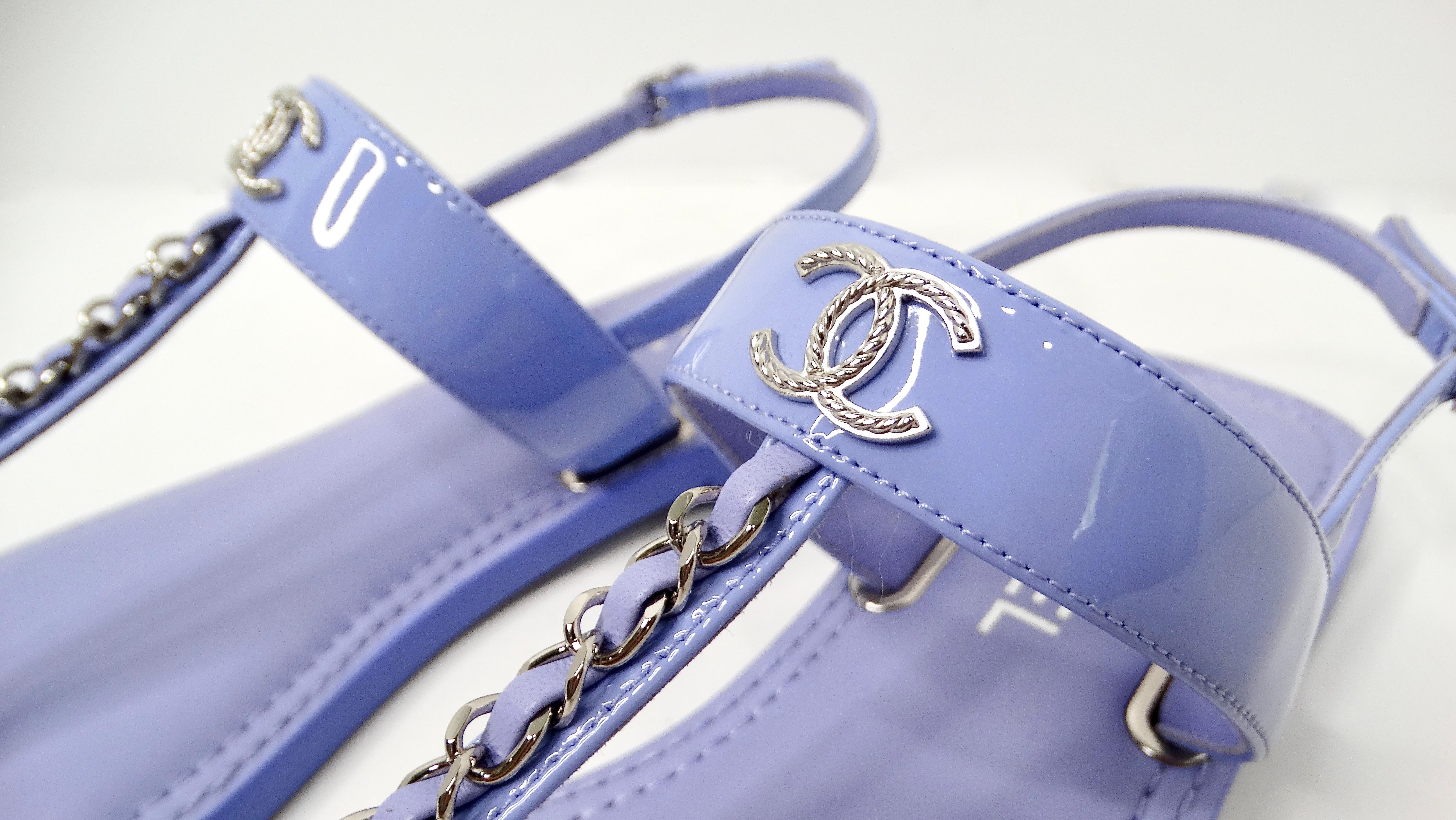 Purple Chanel Lilac Patent Leather Chain T-Strap Sandals For Sale