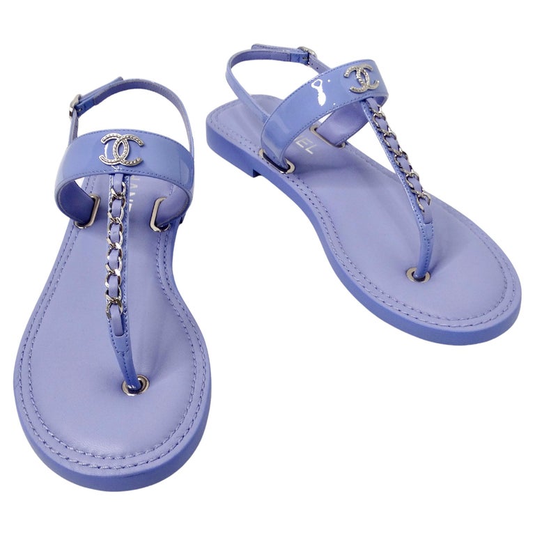 Chanel Lilac Patent Leather Chain T-Strap Sandals For Sale at 1stDibs