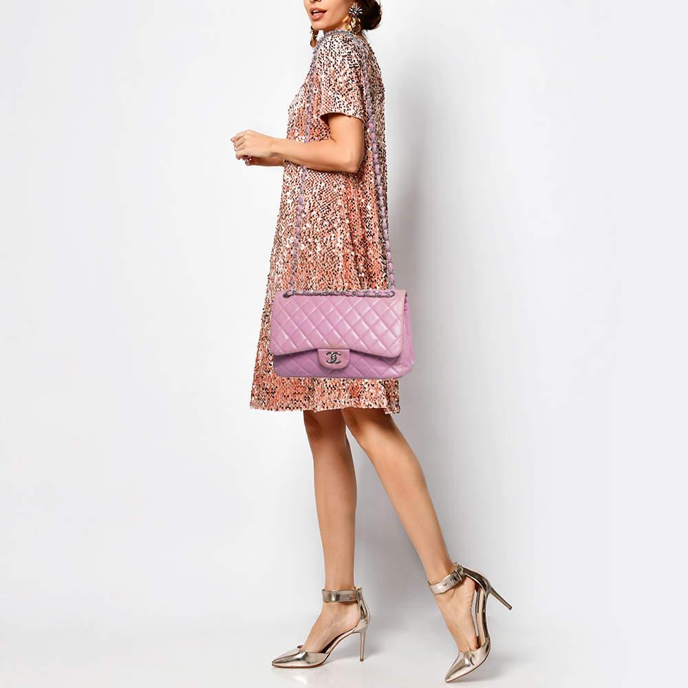 Brown Chanel Lilac Quilted Lambskin Leather Jumbo Classic Double Flap Bag